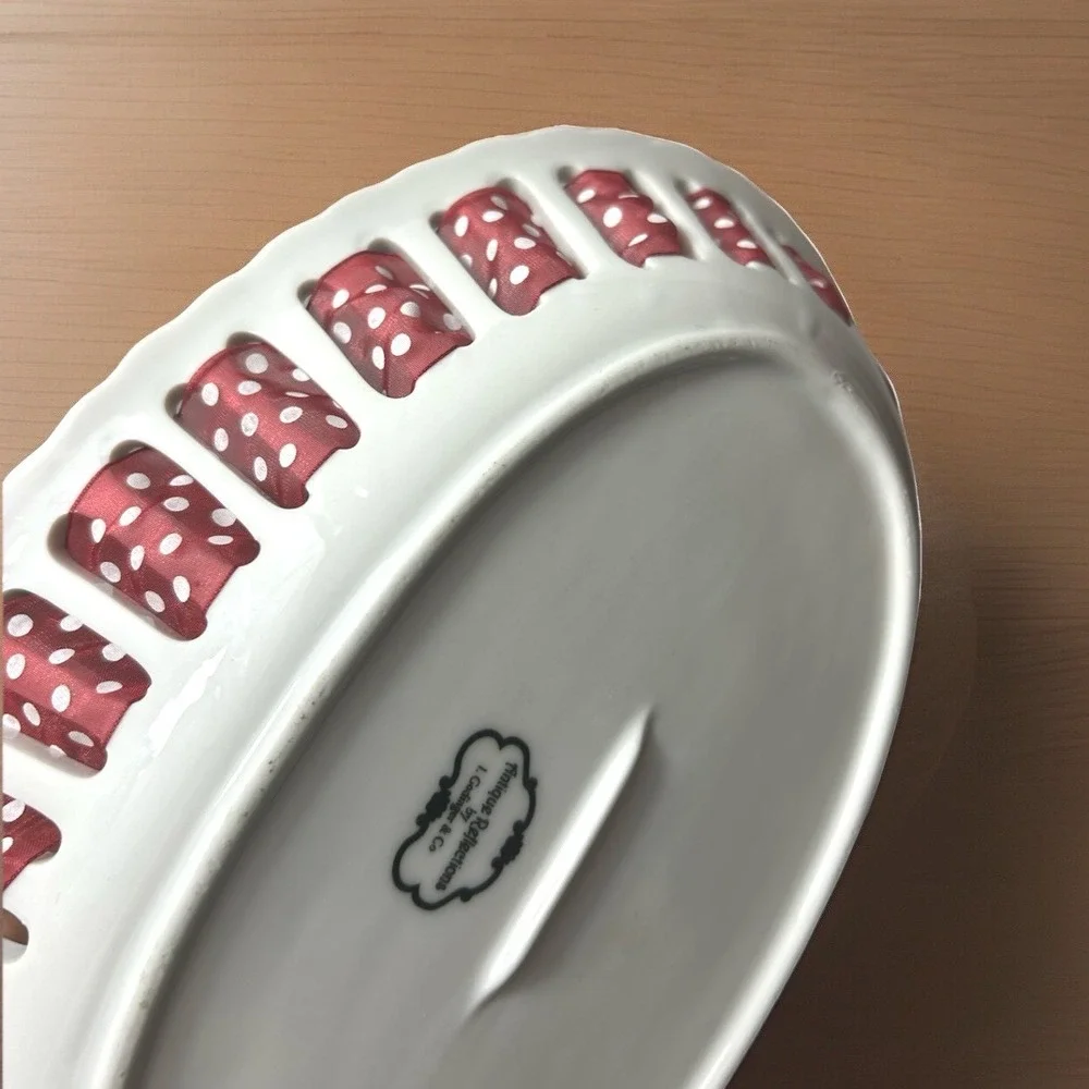 Reflections I Godinger & Co White Oval Serving Dish Red Polka Dot Ribbon Antique